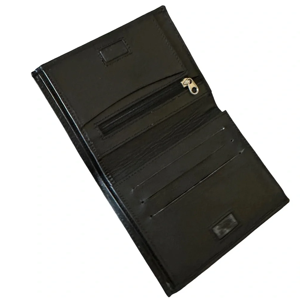 Genuine Leather Black Wallet Zip Snap Closure Card Holder Cash Compartments GUC
